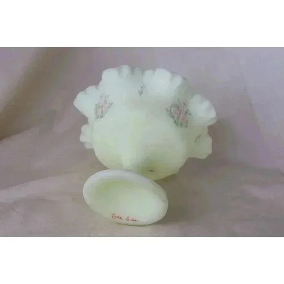 Vintage Fenton Custard satin, Ruffled Compote midcentury hand paintedLinda Bules - Picture 8 of 8